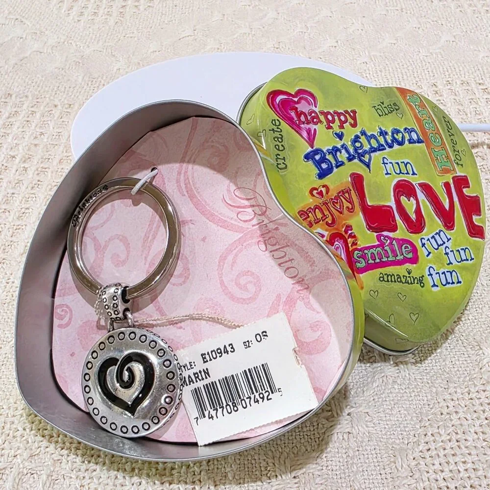 Vintage NOS Brighton Key Fob Keychain Round Heart Silver Marin w/ Heart Tin